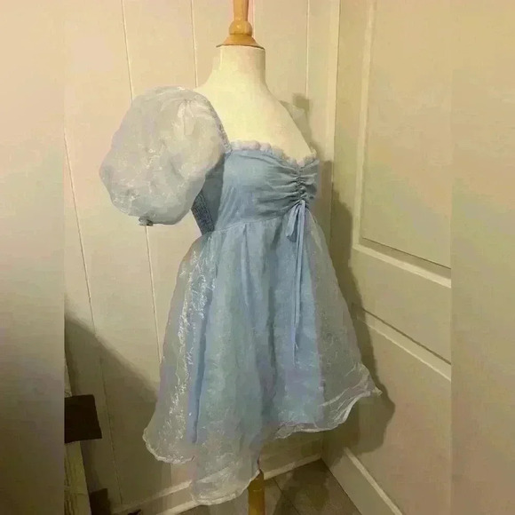 Mable BABYDOLL MINI DRESS Blue Puff Sleeve Cinderella Cosplay Coquette Fairy - Picture 4 of 6
